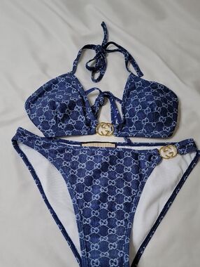 Gucci Navy Blue Monogram Bikini with Gold GG Hardware